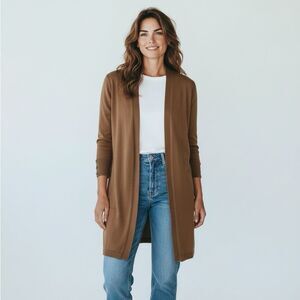 JM Collection Cardigan Women 1X Longline Sweater Lace Up Detail Open Front Brown